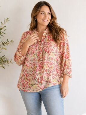 KUT From The Kloth Floral Blouse XL Lightweight Sheer Button Front Top